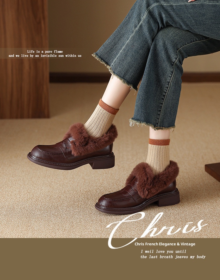 European And American Style Chunky Mid-Heel Deep Mouth Single Shoes For Women New Winter Round Toe Fleece-Lined_voghion.com