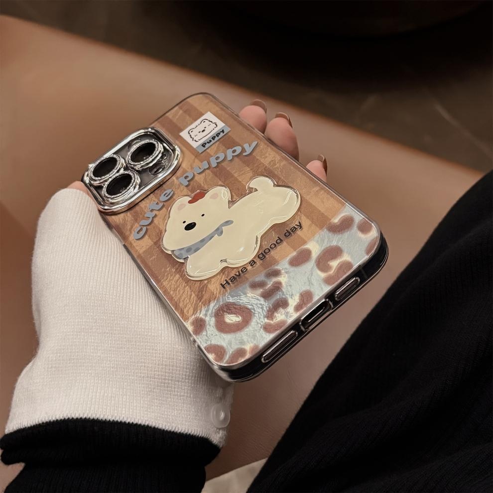 Étui TechGlobe compatible iPhone 16, iPhone 15 Pro Max, coutures apparentes, West Highland, cordon imprimé léopard, paillettes rétro._voghion.com