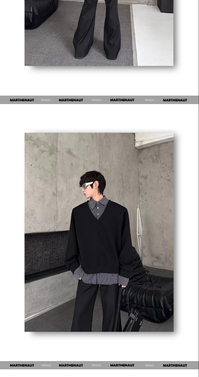 boy Boy Autumn Winter Niche Design Two-Piece Patchwork Sweatshirt Men's Korean Style Solid Color Versatile Loose Top_voghion.com