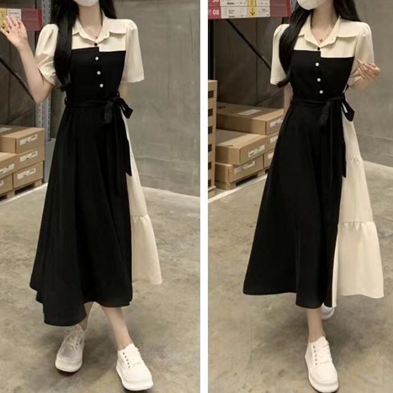 GraceChic Plus Size Color Block Patchwork Two-Piece Shirt Women Summer New For Chubby MM Waist Slimming Hepburn Style Long_voghion.com