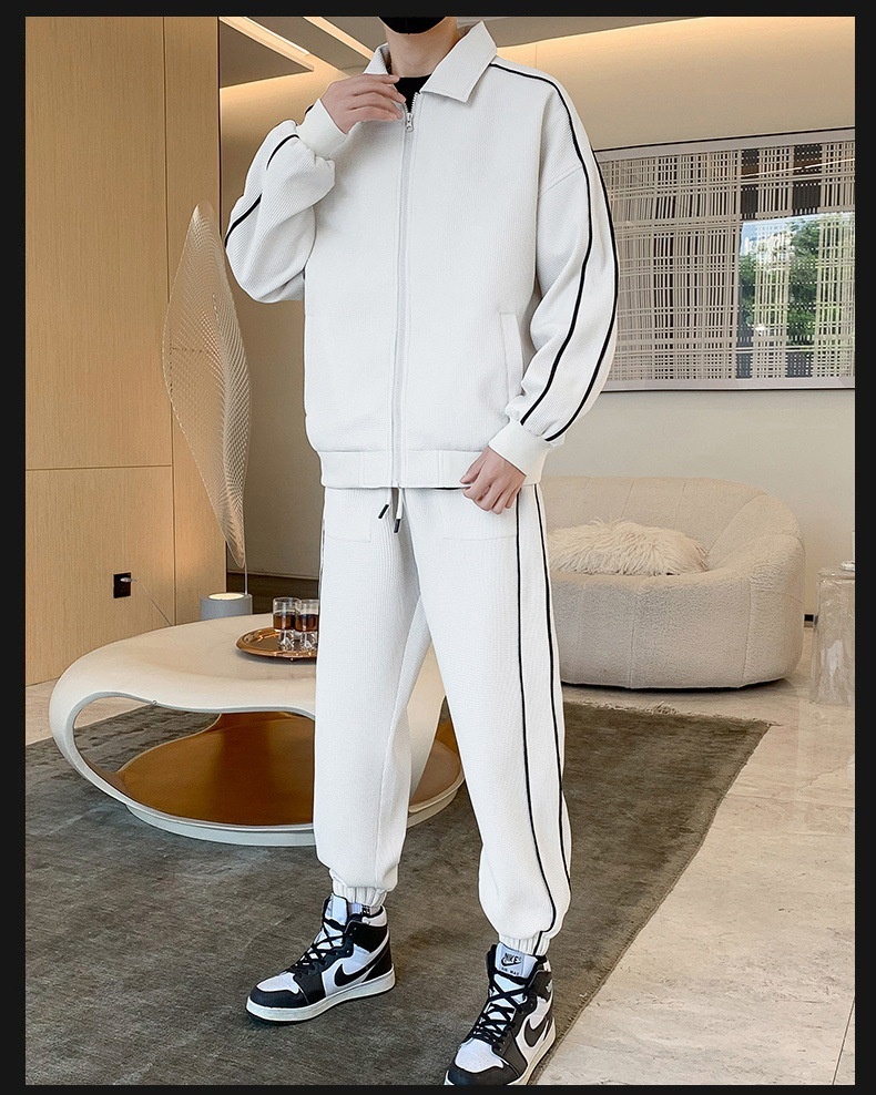 001 3D Men's Spring And Autumn Waffle Grid Casual Sports Suit Lapel Jacket Jogger Pants Two-Piece Set_voghion.com