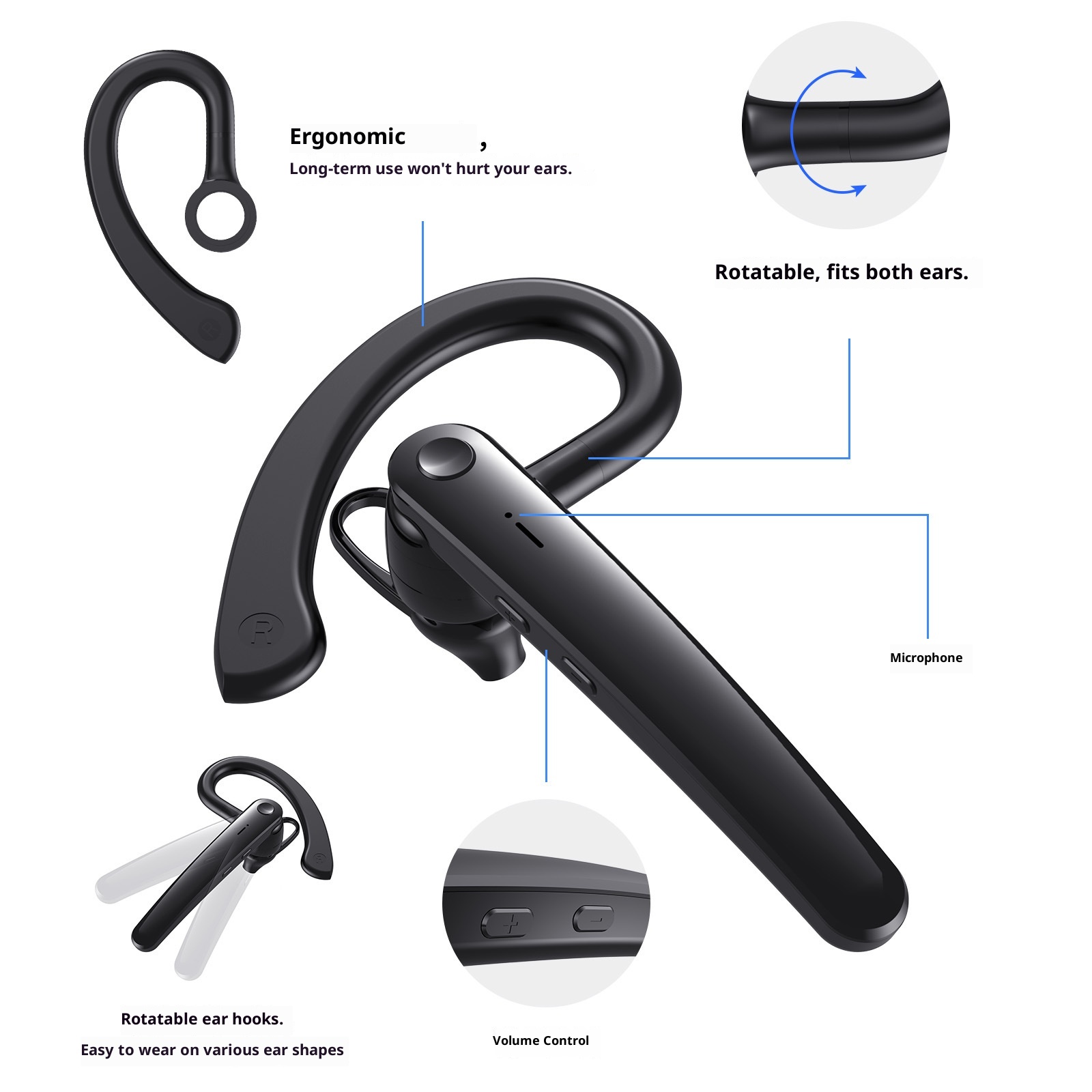 Écouteurs intra-auriculaires sans fil 3c Air5, nouveau modèle privé, Bluetooth, autonomie ultra-longue, usage professionnel, crochet d'oreille unique, vente en gros_voghion.com