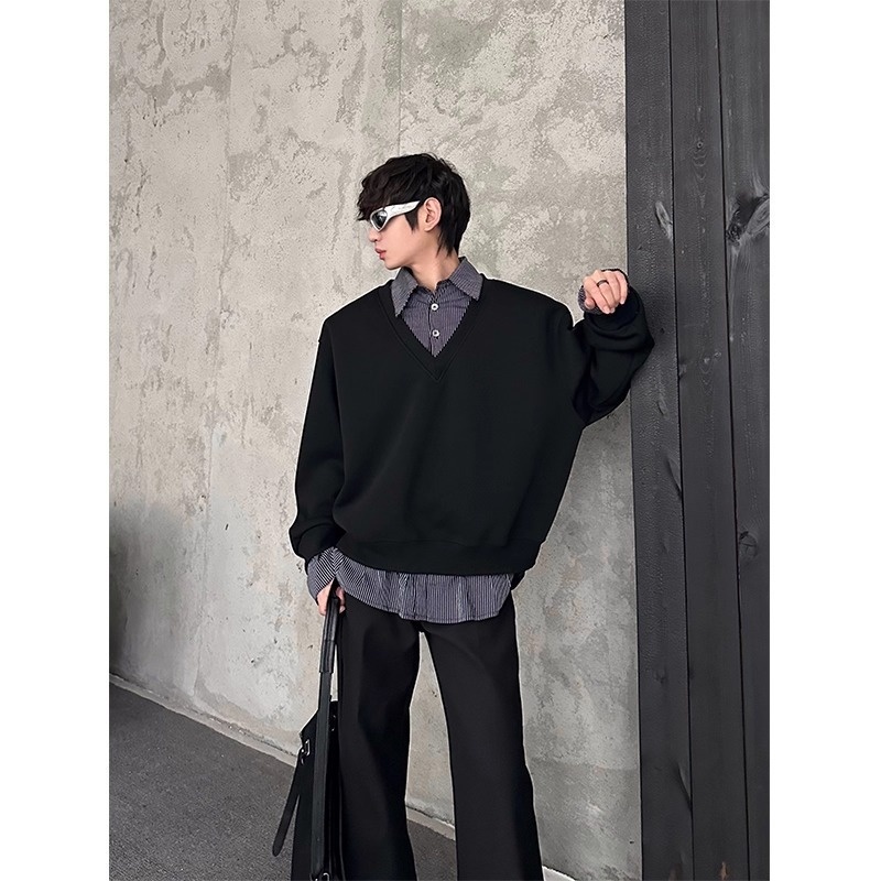 boy Boy Autumn Winter Niche Design Two-Piece Patchwork Sweatshirt Men's Korean Style Solid Color Versatile Loose Top_voghion.com