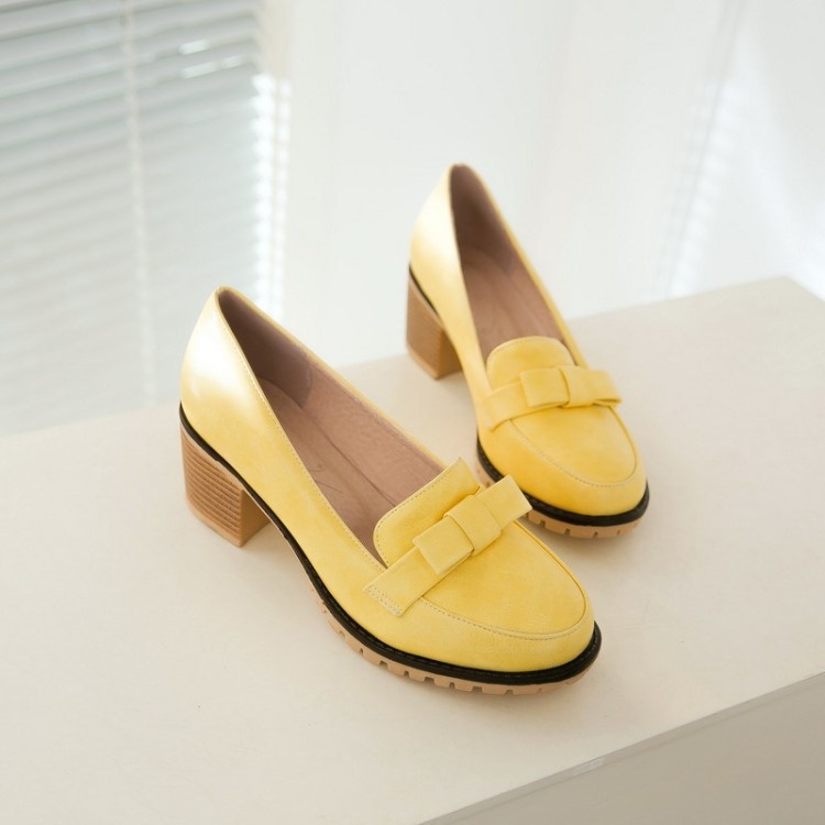 Mocassins com laço, bico redondo, abertura rasa, modelo único, salto médio, estilo europeu e americano, tamanho grande, para mulheres._voghion.com