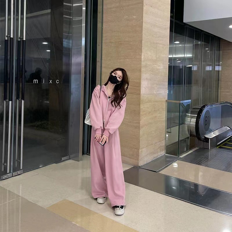 001 Spring Autumn American Style Simple Sports For Women, Hooded Loose Sweatshirt And Casual Wide-Leg Pants Two-Piece Set_voghion.com