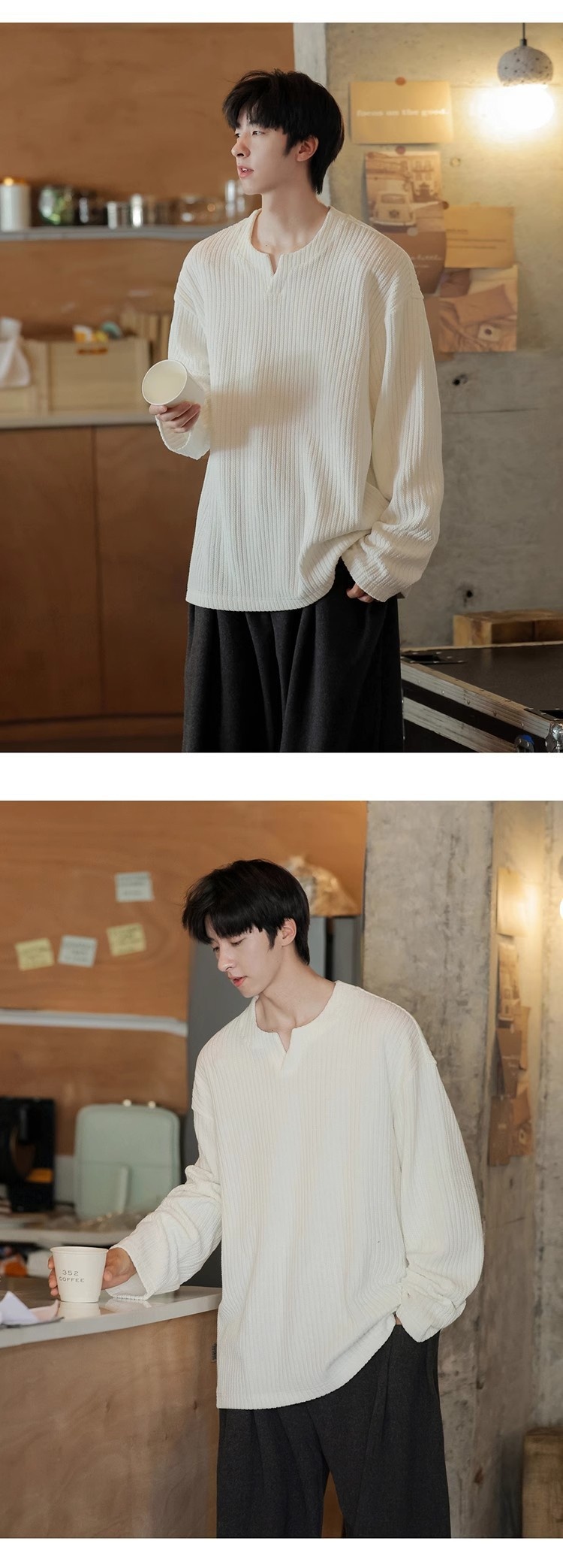 Maglietta a maniche lunghe con scollo a V e trama piccola per uomo, 2025, nuova base interna in stile coreano, stile allentato e pigro, primavera e autunno_voghion.com
