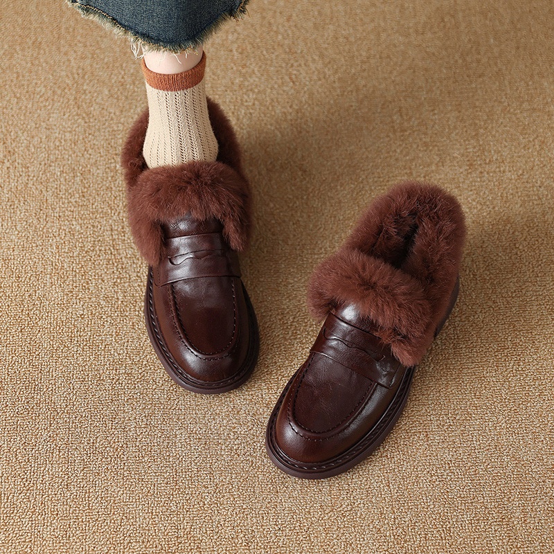 European And American Style Chunky Mid-Heel Deep Mouth Single Shoes For Women New Winter Round Toe Fleece-Lined_voghion.com