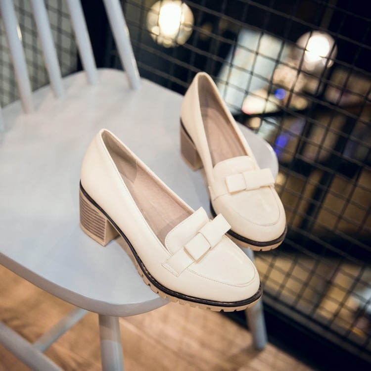 Mocassins com laço, bico redondo, abertura rasa, modelo único, salto médio, estilo europeu e americano, tamanho grande, para mulheres._voghion.com