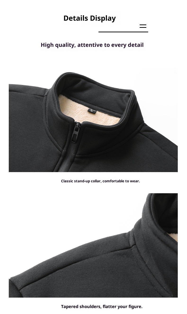 001 Fleece-Lined Thickened Lamb Wool Sports Suit For Men, Casual Stand Collar Sweatshirt, Running Nine-Point Long Pants,_voghion.com
