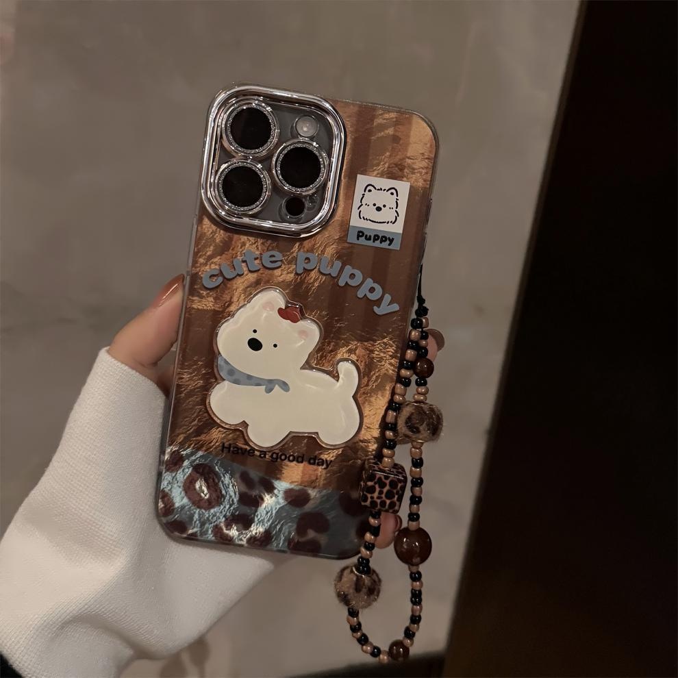 Étui TechGlobe compatible iPhone 16, iPhone 15 Pro Max, coutures apparentes, West Highland, cordon imprimé léopard, paillettes rétro._voghion.com