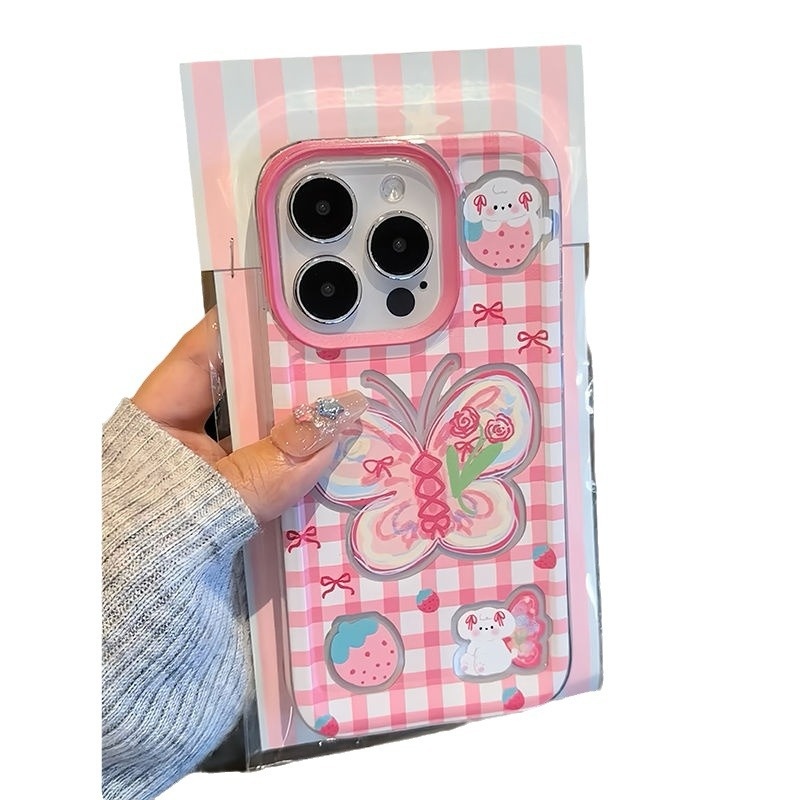 Coque TechGlobe Graffiti compatible avec iPhone 16 Pro, iPhone 14 et iPhone 15, motif papillon rose et blanc à carreaux._voghion.com