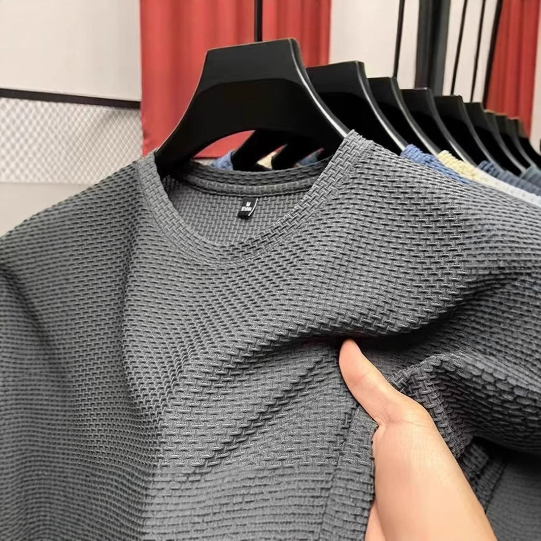 Maglietta da uomo in seta ghiacciata, manica corta, 2025, nuova estate, in jacquard di bambù, traspirante, elasticizzata, versatile_voghion.com