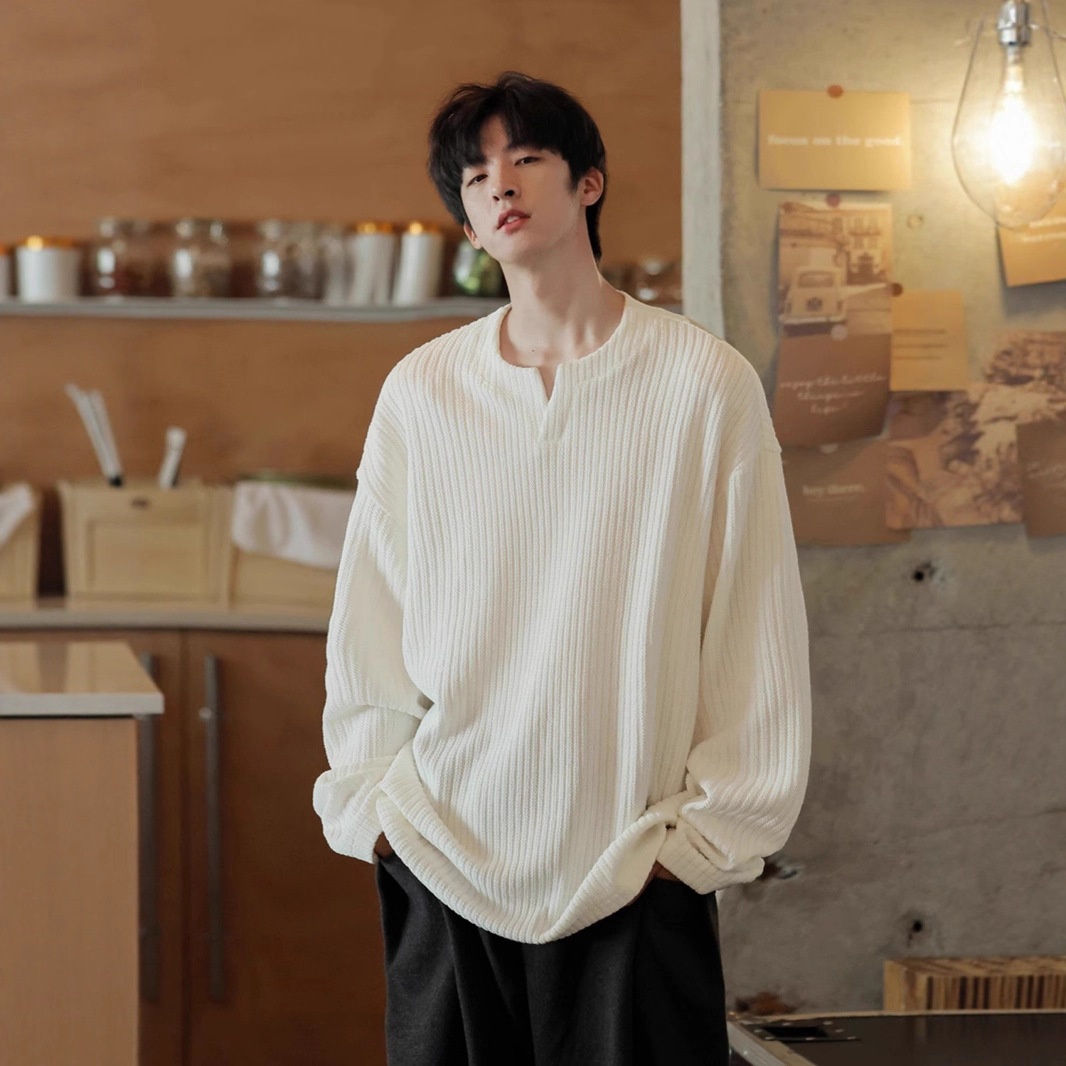 Maglietta a maniche lunghe con scollo a V e trama piccola per uomo, 2025, nuova base interna in stile coreano, stile allentato e pigro, primavera e autunno_voghion.com