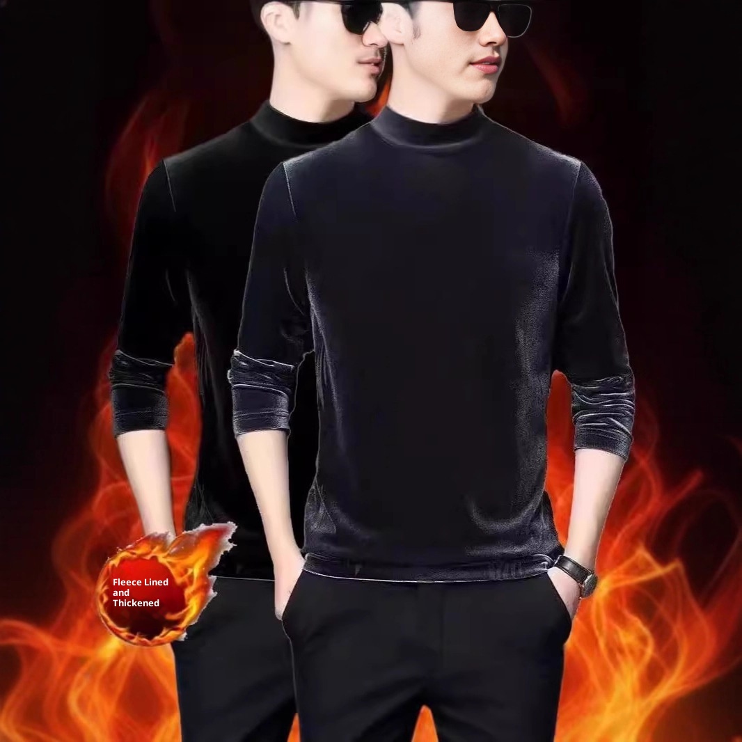 Maglietta a maniche lunghe in velluto, strato di base termico, per autunno e inverno, da uomo, con fodera in pile, spessa e a collo alto_voghion.com