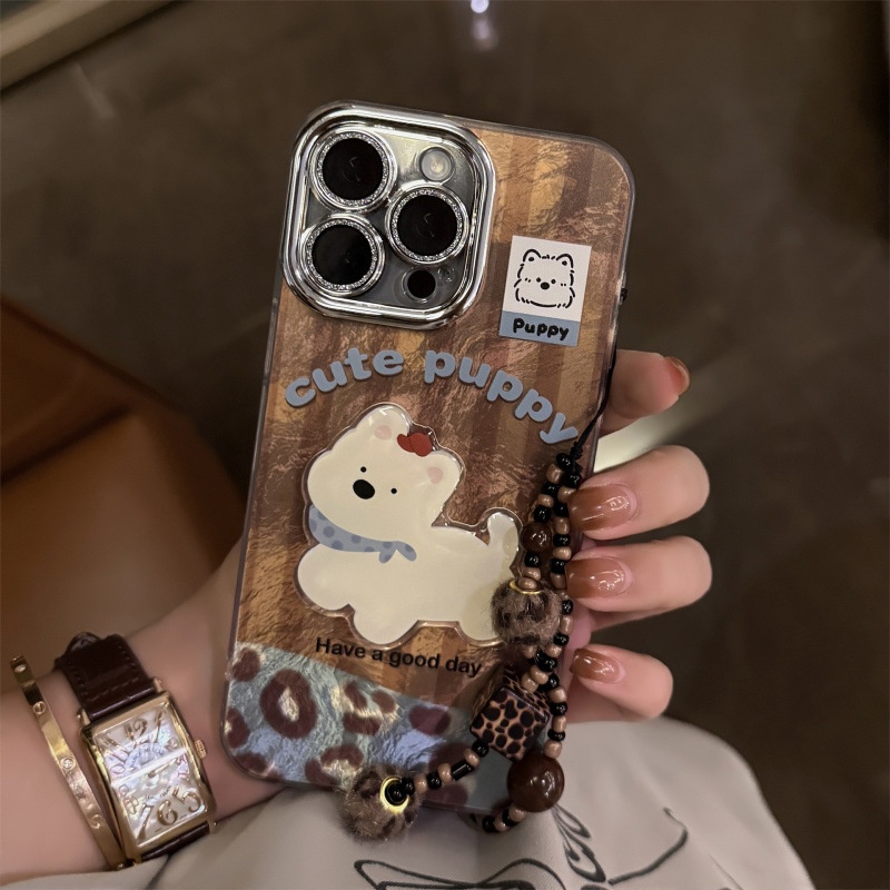 Étui TechGlobe compatible iPhone 16, iPhone 15 Pro Max, coutures apparentes, West Highland, cordon imprimé léopard, paillettes rétro._voghion.com