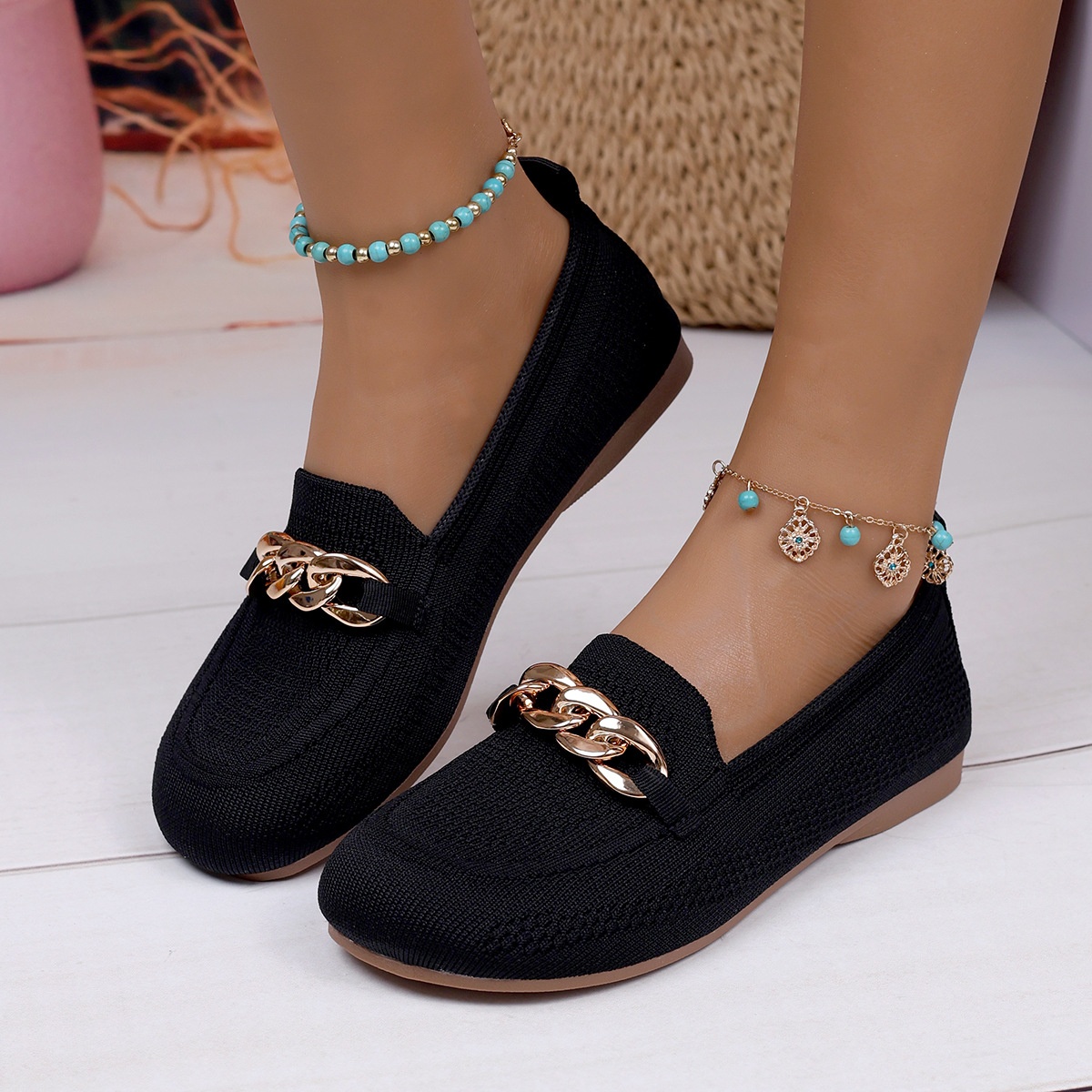 European And American Foreign Trade Large Size Chain Flat Shallow Mouth Single Shoes For Women Cross-Border Wide Toe Fly_voghion.com