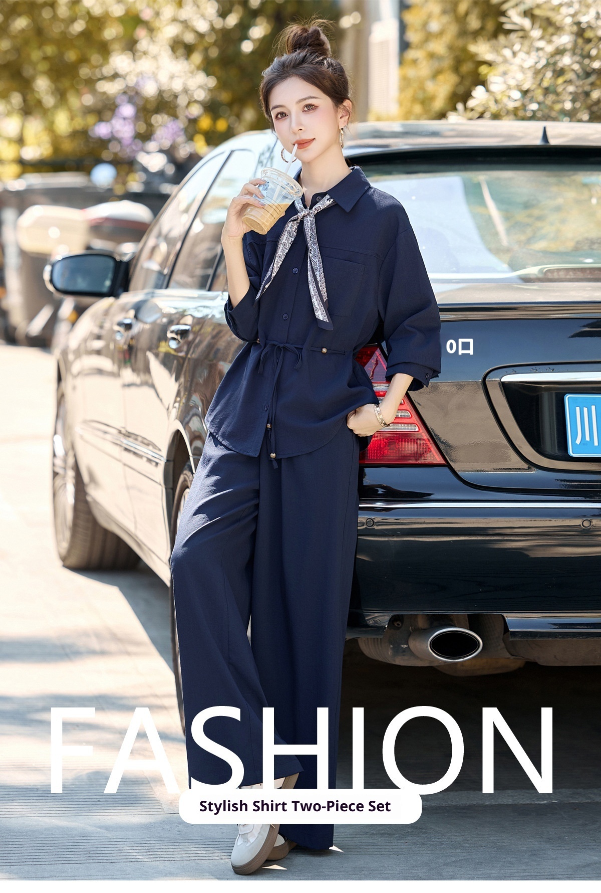 GraceChic 2025 New Women's Loose Slimming Shirt Elastic High Waist Belly Covering Age-Reducing Wide-Leg Pants Two-Piece Set MU8088_voghion.com