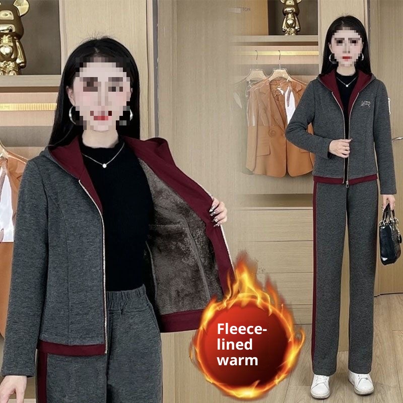 001 Autumn Winter New Fashionable Elegant Casual Sports Loose Slimming Fleece Thickened Two-Piece Women's Set_voghion.com