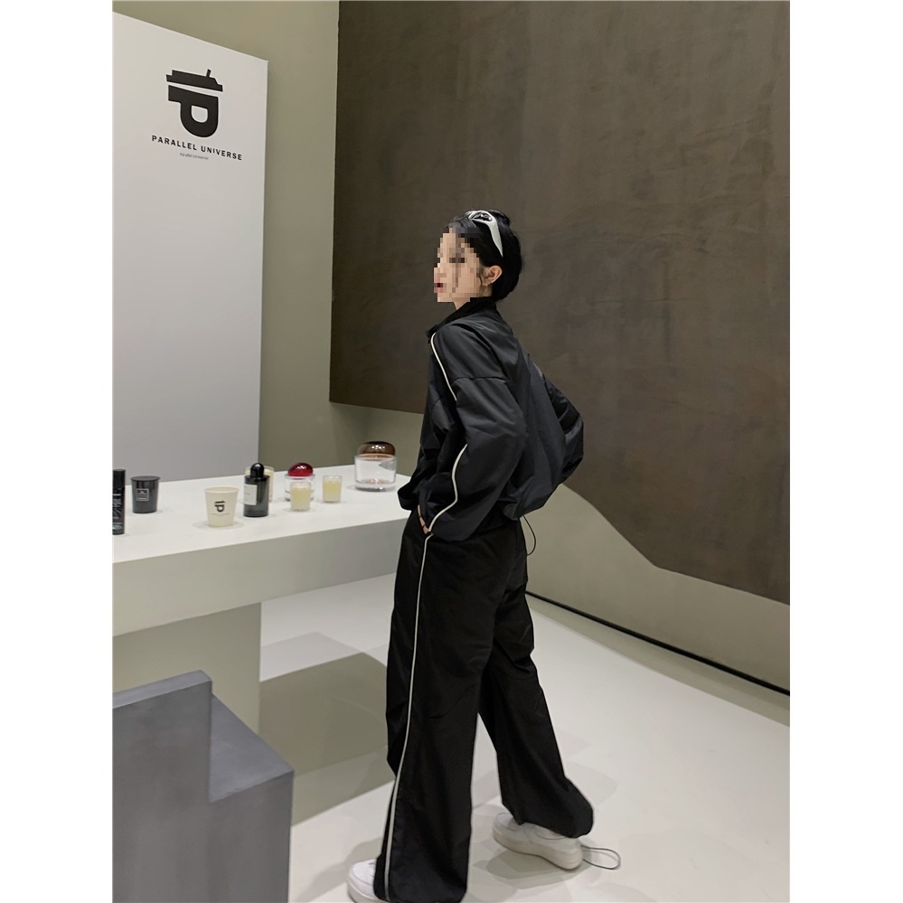 001 Black Tracksuit For Women, Autumn Trendy American Style Casual Loose Slimming Jacket And Wide-Leg Pants Two-Piece Set_voghion.com