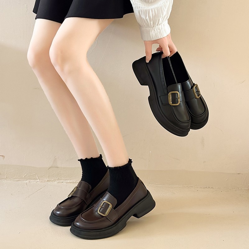 Herfst Nieuwe Zwarte Leren Instappers Voor Dames Dikke Zolen Mary Jane Schoenen_voghion.com