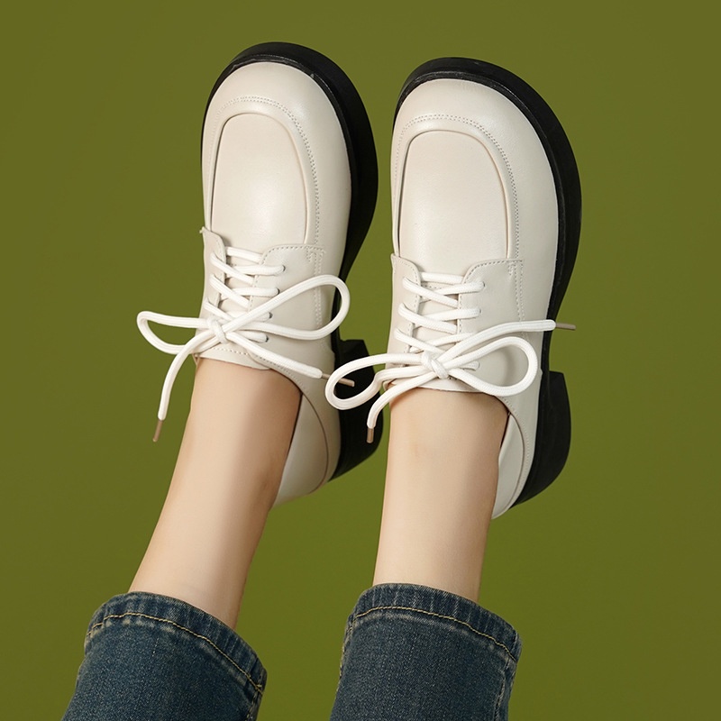Mocassini in vera pelle con suola spessa 2024, nuovi modelli primaverili in stile britannico, scarpe basse versatili con tacco grosso e lacci per donna_voghion.com