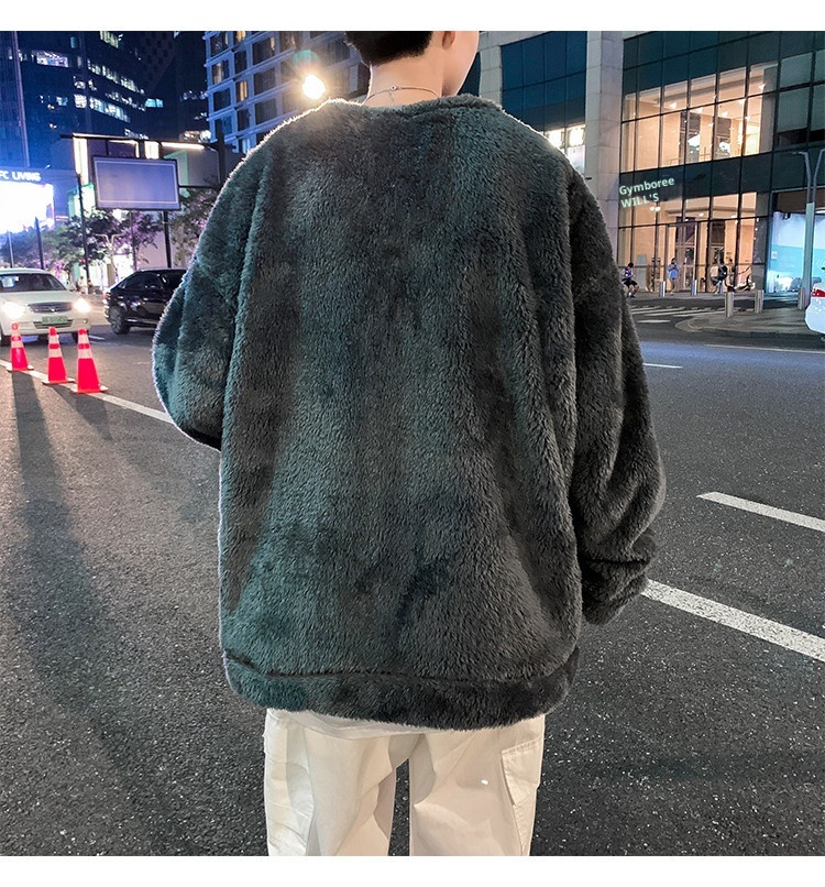 boy Y25Pexrozna Trendy Brand Autumn Winter Couple Lamb Wool Men Fleece Warm Round Neck Sweatshirt Loose Jacket_voghion.com