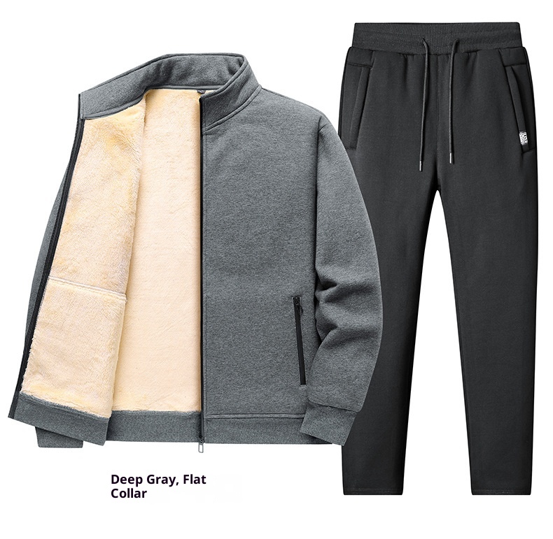 001 Fleece-Lined Thickened Lamb Wool Sports Suit For Men, Casual Stand Collar Sweatshirt, Running Nine-Point Long Pants,_voghion.com