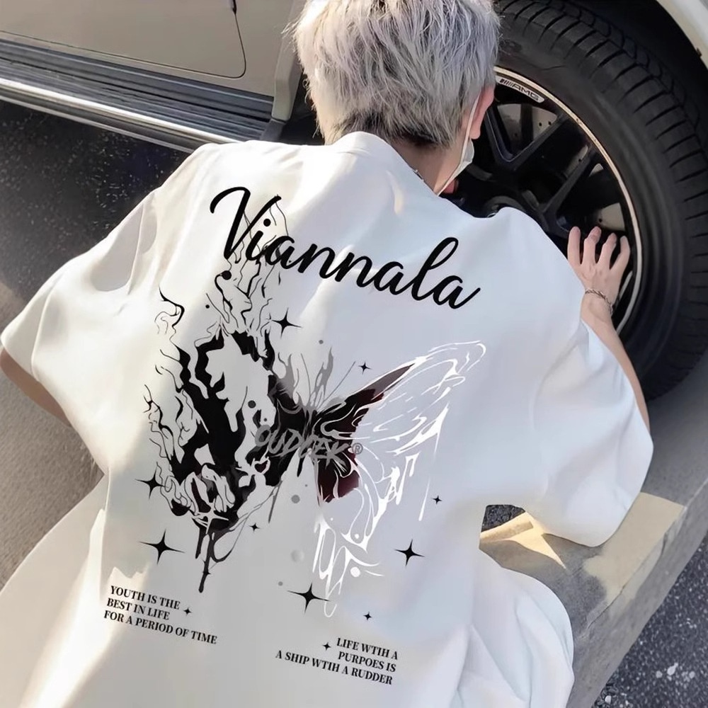 boy Boy Trendy Brand Cool Style T-Shirt For Men High-End Summer Cotton Butterfly Short American High Street Niche Five-Quarter_voghion.com