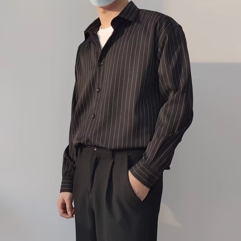 ForMen 2023 Spring Summer High-End Dark Green Striped Men Long Sleeve Loose Silky Non-Iron Casual Shirt Trendy_voghion.com