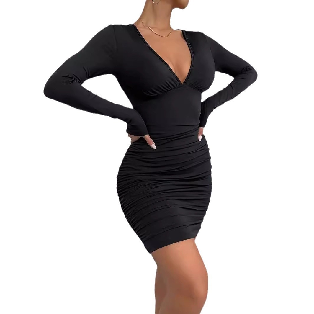 ChicShe 2025 European And American Cross-Border Trade Women's Long Sleeve Deep V-Neck Waist-Cinching Ruched Sexy Bodycon Dress_voghion.com