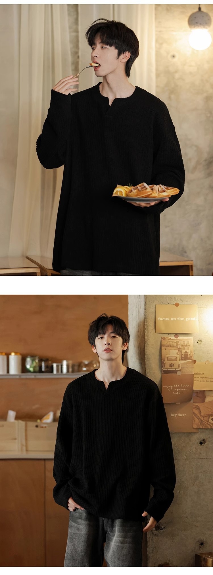 Maglietta a maniche lunghe con scollo a V e trama piccola per uomo, 2025, nuova base interna in stile coreano, stile allentato e pigro, primavera e autunno_voghion.com