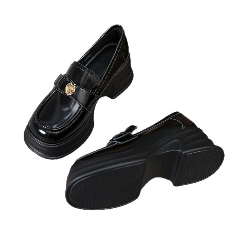 Mocassins de sola grossa para mulheres, estilo britânico, camélia, pretos, salto baixo, modelo 2025, em couro, tipo meia._voghion.com