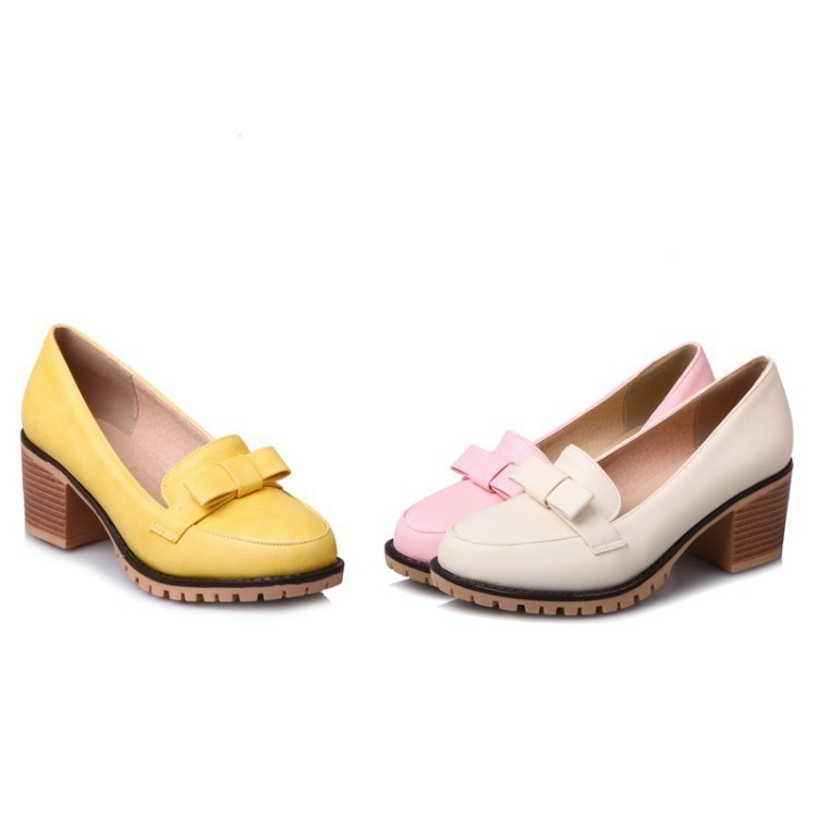 Mocassins com laço, bico redondo, abertura rasa, modelo único, salto médio, estilo europeu e americano, tamanho grande, para mulheres._voghion.com