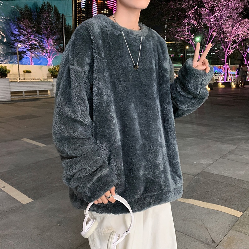 boy Y25Pexrozna Trendy Brand Autumn Winter Couple Lamb Wool Men Fleece Warm Round Neck Sweatshirt Loose Jacket_voghion.com