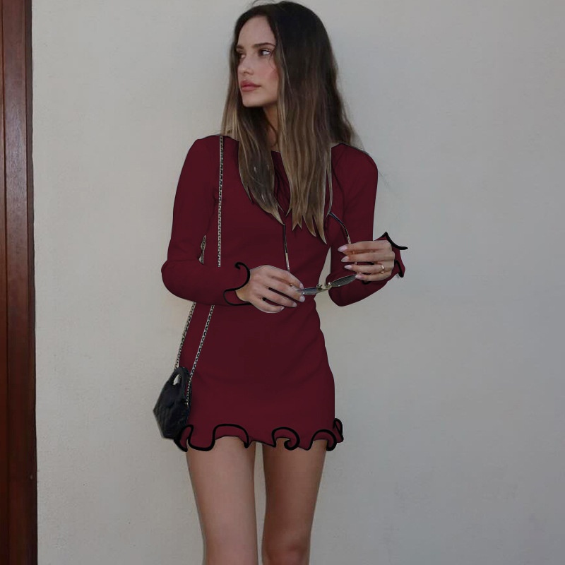 GraceChic Sexy Attillato Corto Orlo Arricciato Maniche Lunghe Maglia Tinta Unita Moda Donna Europea e Americana Esportazione Estiva_voghion.com