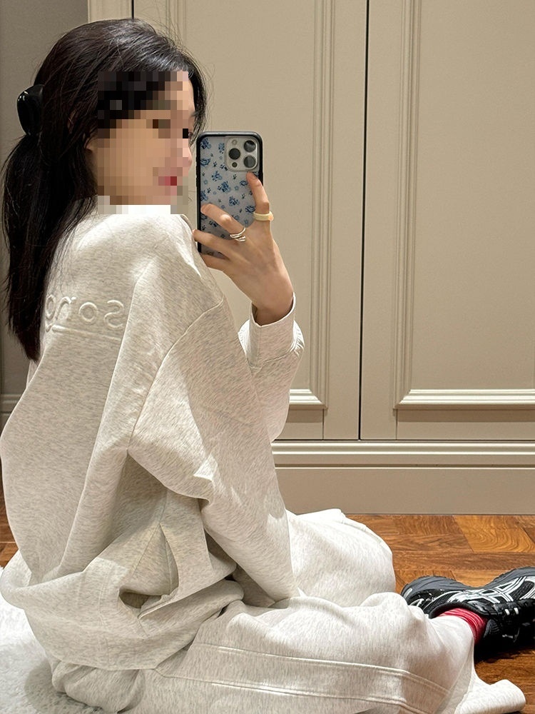 001 Koreaanse stijl luie casual sportkleding voor vrouwen lente en herfst student losse afslankende ronde hals sweatshirt hardlopen_voghion.com