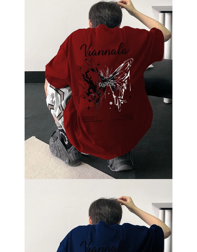 boy Boy Trendy Brand Cool Style T-Shirt For Men High-End Summer Cotton Butterfly Short American High Street Niche Five-Quarter_voghion.com