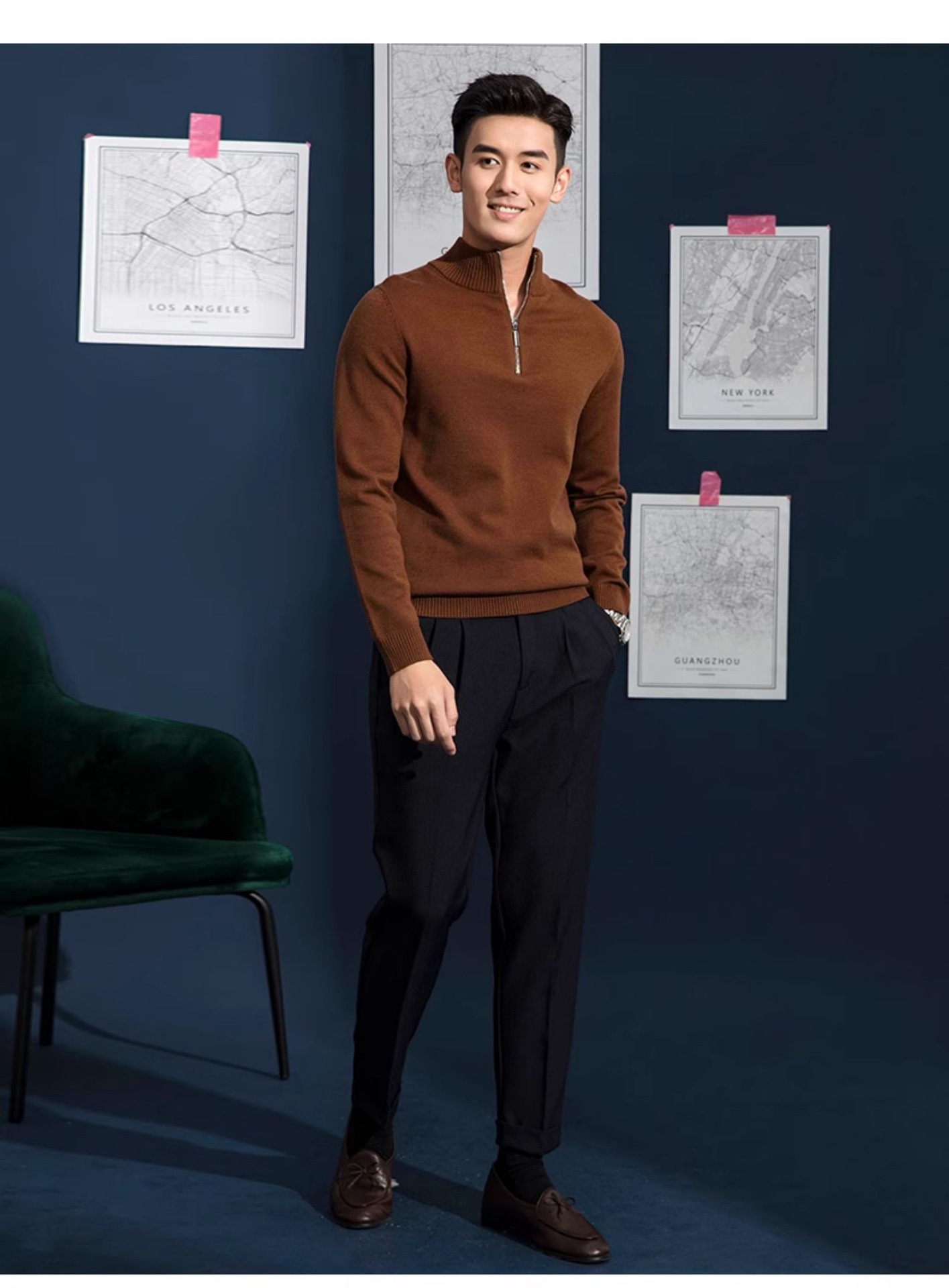 Neuer Herrenpullover für Frühling und Herbst, langärmelig, lässig, mit Stehkragen, halbem Reißverschluss, schmal geschnitten, Strickmode, figurschmeichelnd_voghion.com