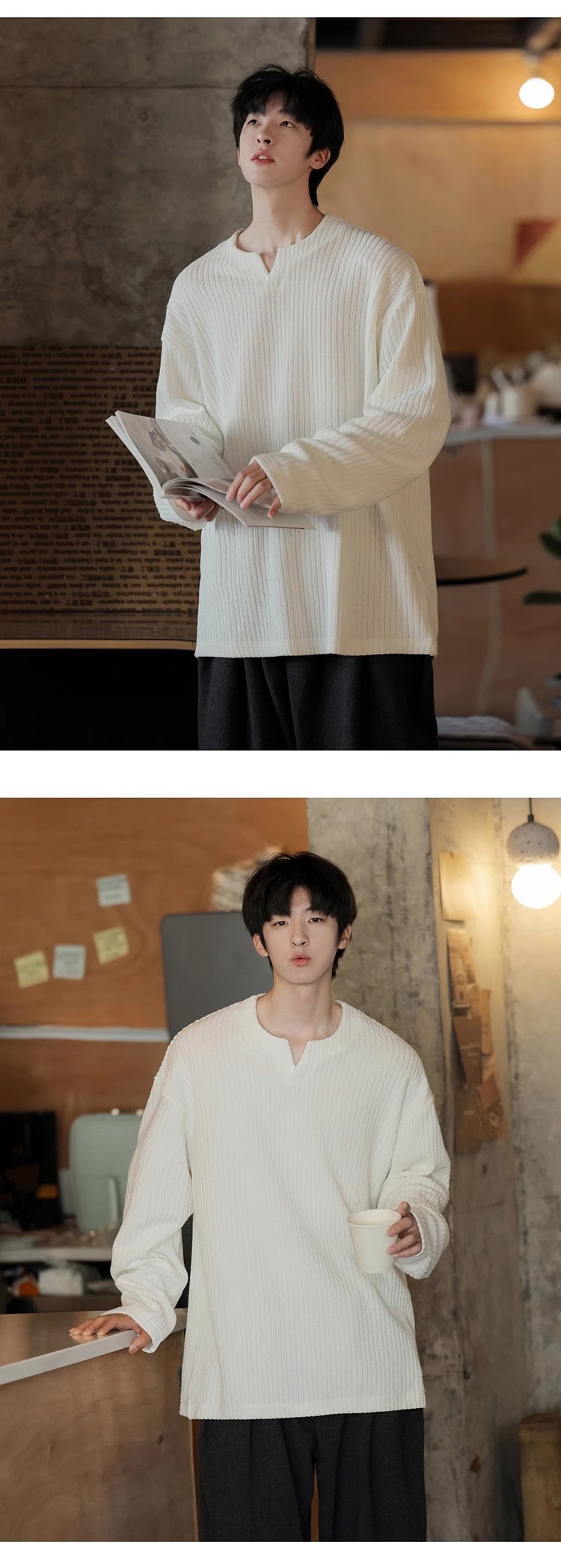 Maglietta a maniche lunghe con scollo a V e trama piccola per uomo, 2025, nuova base interna in stile coreano, stile allentato e pigro, primavera e autunno_voghion.com