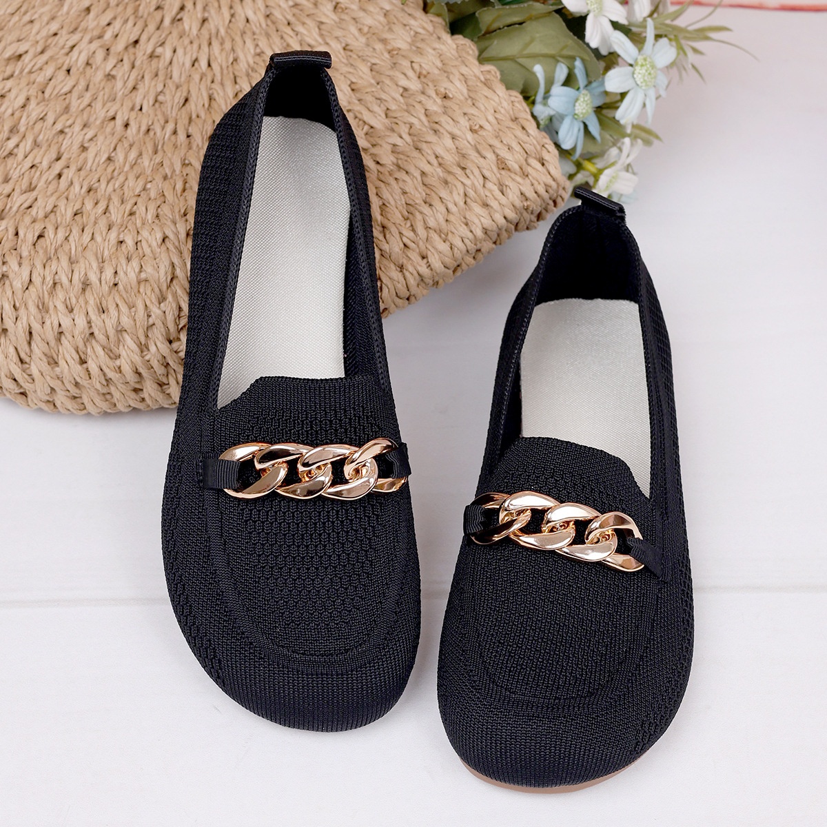 European And American Foreign Trade Large Size Chain Flat Shallow Mouth Single Shoes For Women Cross-Border Wide Toe Fly_voghion.com