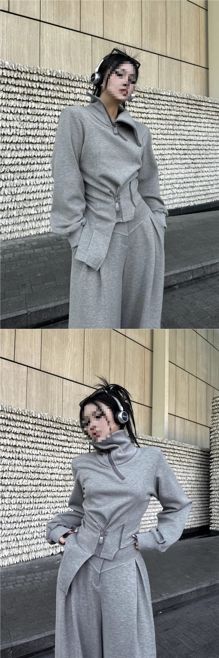 001 Spring And Autumn New Korean Plus Size Niche Design Sports Style Gray Sweatshirt Wide-Leg Pants Set For Women_voghion.com