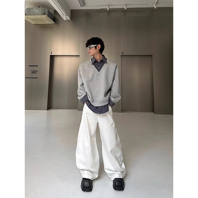 boy Boy Autumn Winter Niche Design Two-Piece Patchwork Sweatshirt Men's Korean Style Solid Color Versatile Loose Top_voghion.com