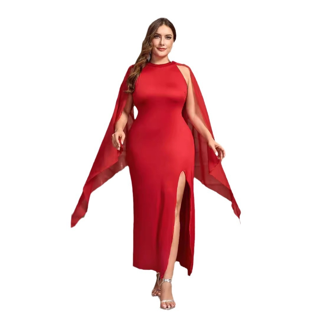 GraceChic Cross-Border New Women's Fashion European And American Foreign Trade Plus Size Gown Solid Color Slim Fit Party Dress_voghion.com