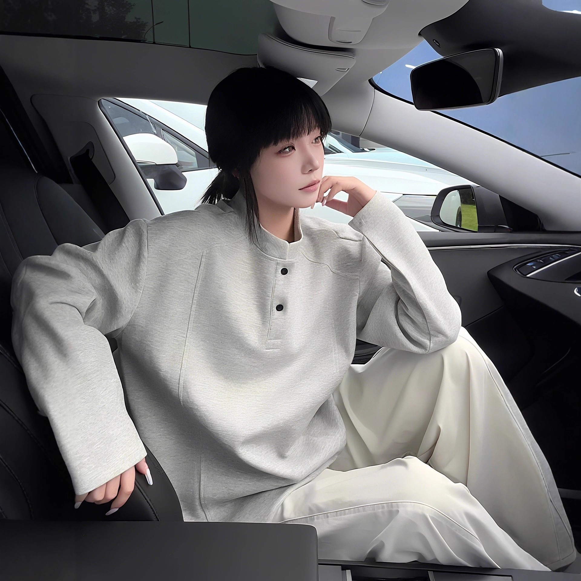 boy Boy White Gray Henry Regular Shoulder Long Sleeve T-Shirt For Men Autumn American Style Deconstructed Patchwork Heavyweight_voghion.com