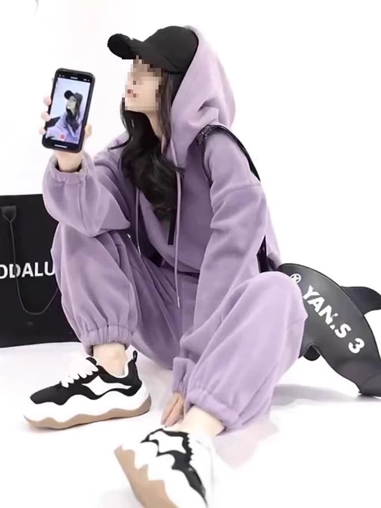 001 Purple Tracksuit Women, Autumn Winter New Loose Slimming Sweatshirt And Sweatpants, Fashionable Casual Two-Piece Set For_voghion.com