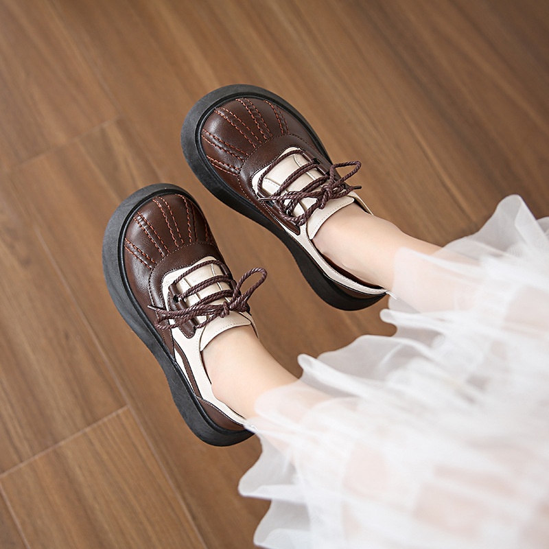 Shell Toe Dames Leren Franse Retro Dikke Zool Casual Enkel Schoenen Britse Stijl Leuke College Studenten Loafers_voghion.com