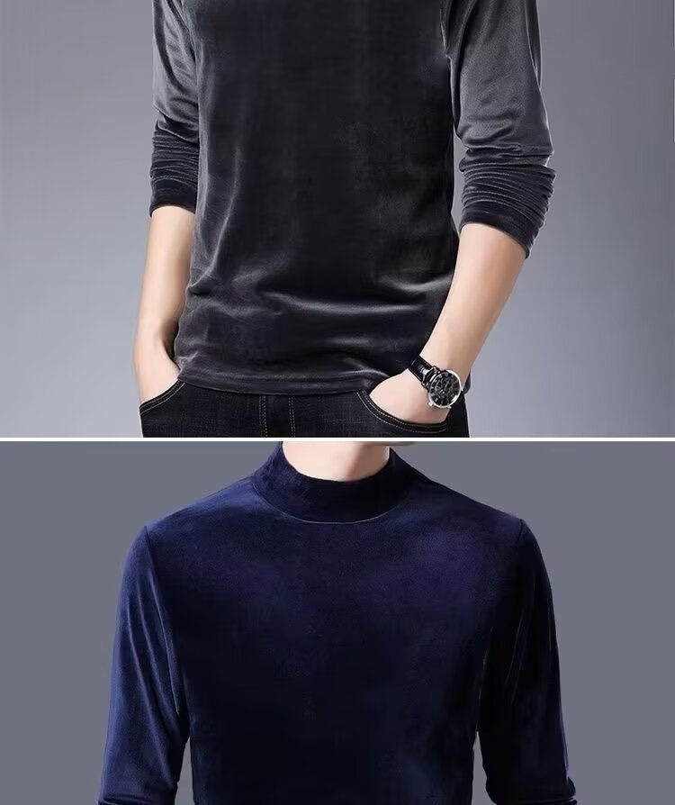 Maglietta a maniche lunghe in velluto, strato di base termico, per autunno e inverno, da uomo, con fodera in pile, spessa e a collo alto_voghion.com