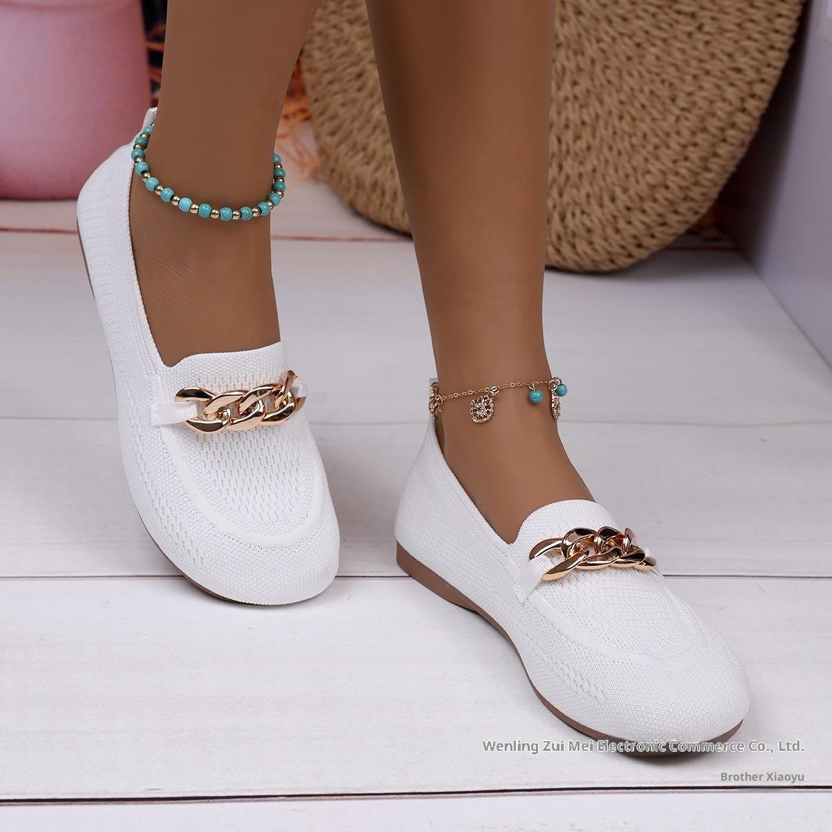 European And American Foreign Trade Large Size Chain Flat Shallow Mouth Single Shoes For Women Cross-Border Wide Toe Fly_voghion.com