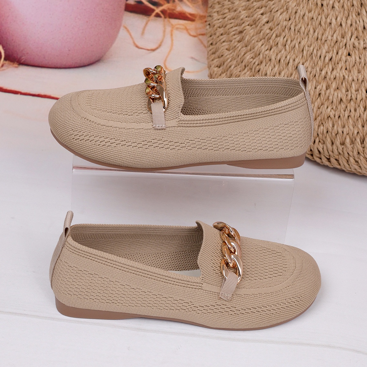 European And American Foreign Trade Large Size Chain Flat Shallow Mouth Single Shoes For Women Cross-Border Wide Toe Fly_voghion.com