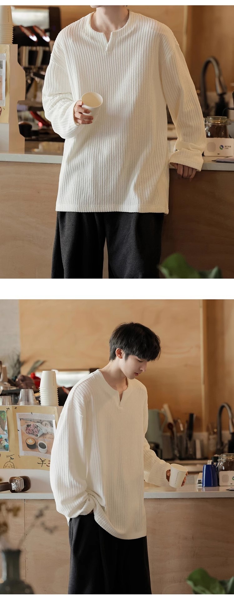 Maglietta a maniche lunghe con scollo a V e trama piccola per uomo, 2025, nuova base interna in stile coreano, stile allentato e pigro, primavera e autunno_voghion.com
